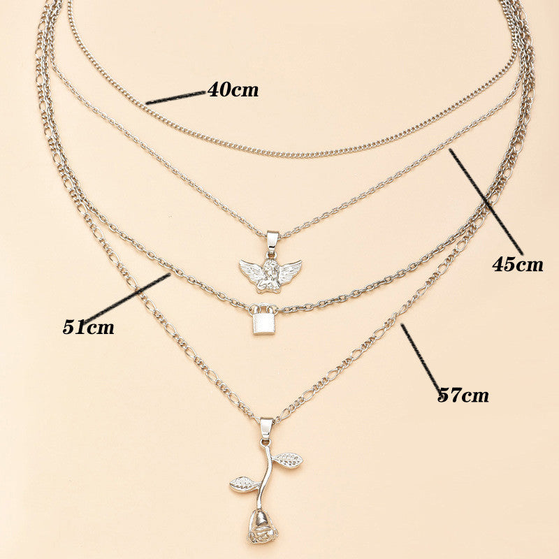 Multi-layer Key Angel Rose Pendant Necklace Set