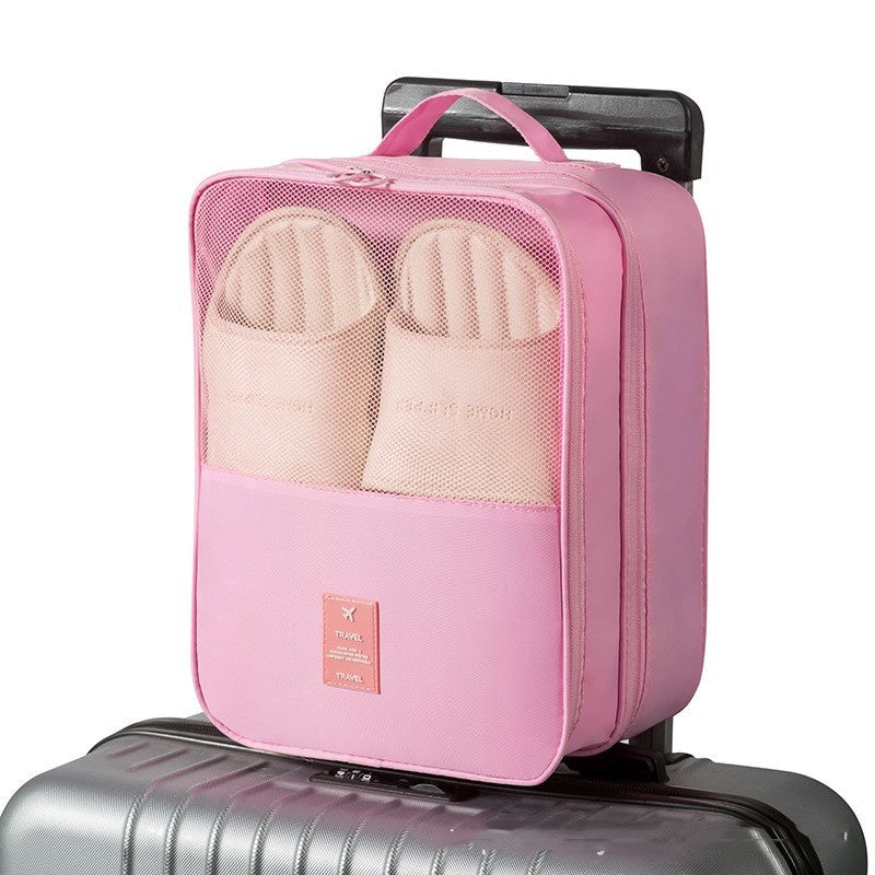 Travel Shoe Storage Bag in pink color, designed for organizing shoes in luggage while traveling.