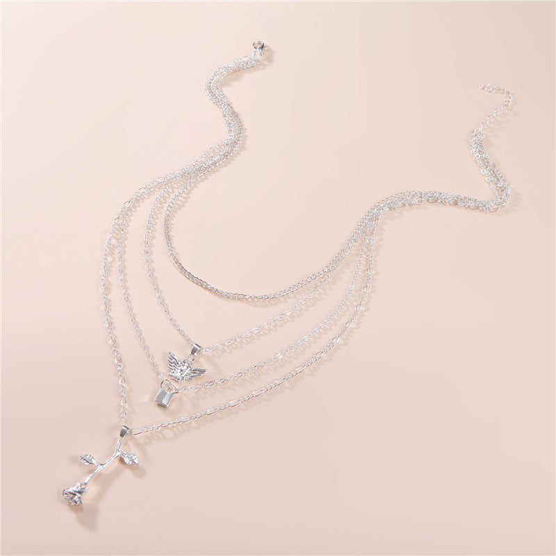 Multi-layer Key Angel Rose Pendant Necklace Set